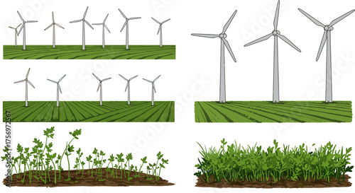 Wind Turbines in Green Fields and Growing Plants.