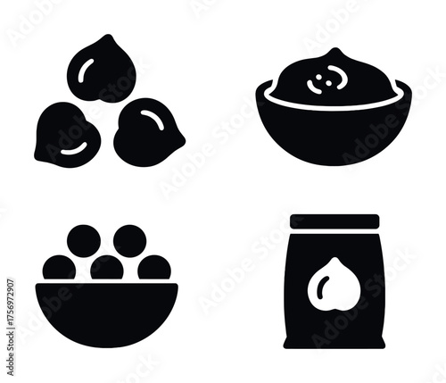 Vector Chickpeas and hummus icons: bowl, bag, illustration, silhouette design