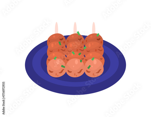 Illustration of 4 grilled meatball satays. Meatballs skewered, grilled, and served on a plate. Asian food. Flat design style. White background.