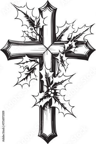 A detailed sketch of a religious cross, adorned with intricate holly leaves, symbolizing faith, hope, and the spirit of Christmas. 