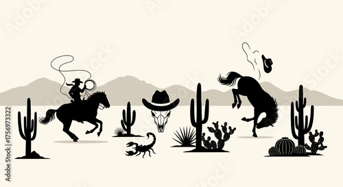 Silhouette of a cowboy on a horse with a lasso, a bucking bronco, a scorpion, and cacti in a desert landscape.