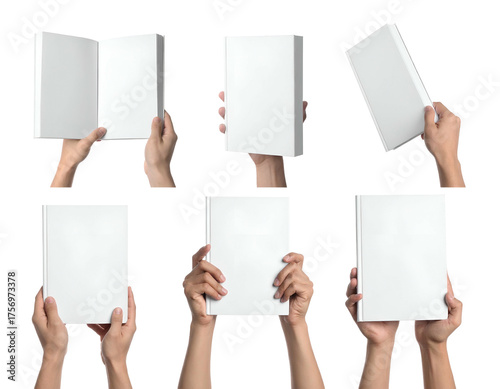 Compilation of hands holding blank, white hardcover books, different angles, on black background
