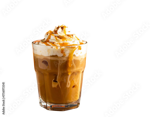 iced pumpkin spice macchiato with whipped cream and caramel drizzle