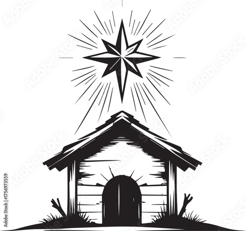 A religious depiction of the Christmas season, featuring a radiant star shining above a simple stable. Capturing the spiritual significance and serene atmosphere of the event.