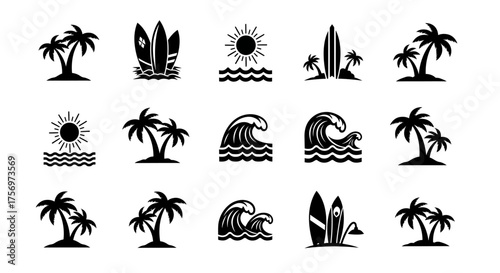 Collection of black and white vector icons depicting tropical beach and surfing elements like palm trees, sun, waves, and surfboards.