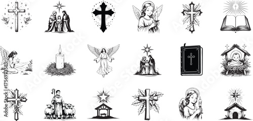 A collection of sacred symbols, each etched with intricate detail. These graphic elements evoke themes of faith, hope, and spiritual reverence, ideal for design projects needing a touch of solemnity.