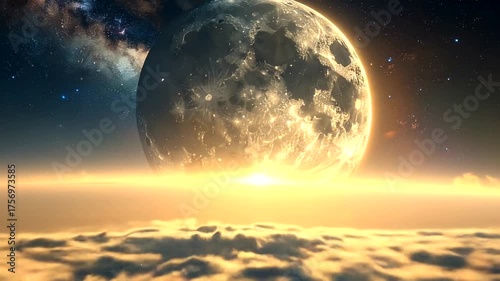 Vast moon rises above planet surface with glowing clouds and starry sky.