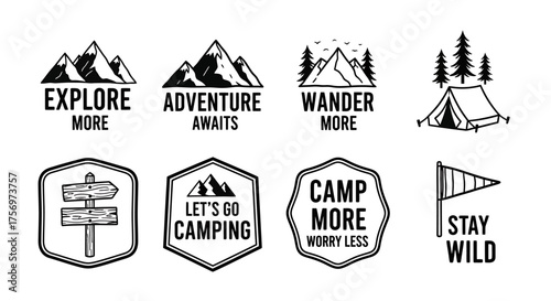 Collection of outdoor adventure and camping themed badges and emblems in black and white.