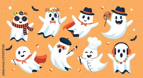 Collection of Halloween Ghosts Dressed in Various Costumes on Orange Background