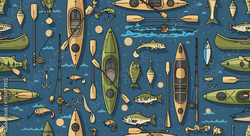 A detailed pattern of fishing and kayaking equipment, including boats, rods, lures, and various fish, set against a blue water-like background.
