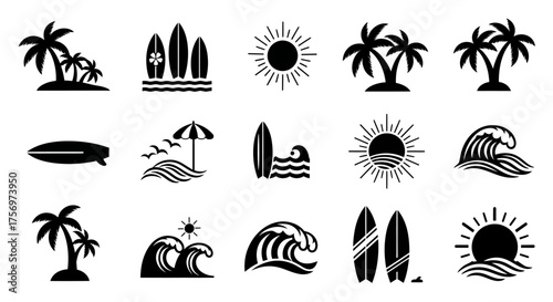 Black and white vector illustrations of beach and summer themes.