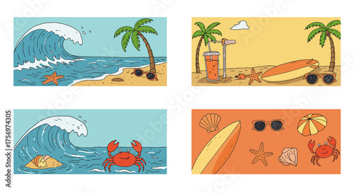 Beach Scene With Crabs And Waves.