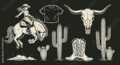 Vintage monochrome Western elements set with cowgirl, horse, longhorn skull, cacti, and cowboy boots on a dark background.