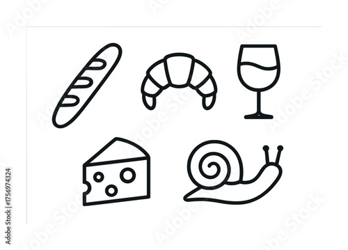 Vector French cuisine icons: baguette, croissant, wine, cheese, snail - minimalist design