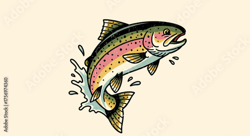 Illustration of a rainbow trout jumping out of the water.