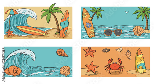 Beach scene with surfboards and waves.