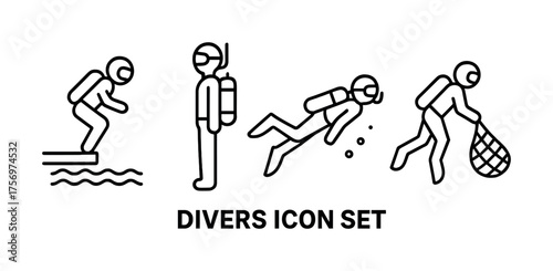 Vector Diving activities icon set: swimming, scuba, snorkeling, spearfishing