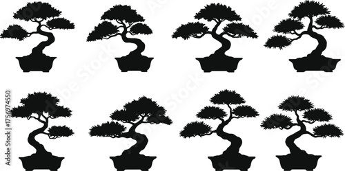 Collection of bonsai tree silhouettes in pots, elegant Japanese miniature plant vector, detailed zen garden art illustration design
