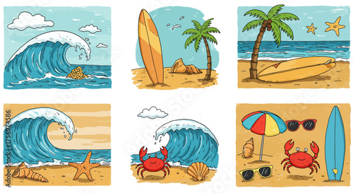 Collection of beach and ocean scenes with surfboards and crabs.