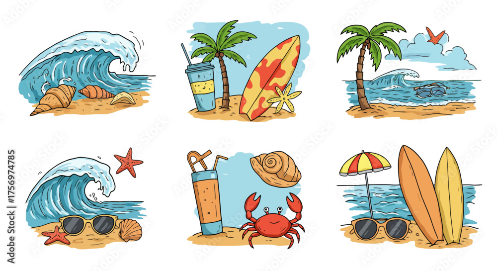 Fototapeta premium Collection of beach and ocean themed illustrations with surfboards and waves.