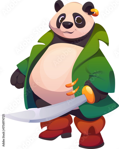 Cartoon panda bear animal pirate cute character. Corsair captain funny animal isolated vector cartoon character. Panda bear personage with golden earring, wearing green coat and holding cutlass sword