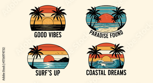 A collection of four vintage-style illustrations depicting tropical beach sunsets with palm trees and summer-themed slogans.