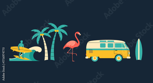 Tropical beach scene featuring a surfer, palm trees, flamingo, van, and surfboard against a dark background.