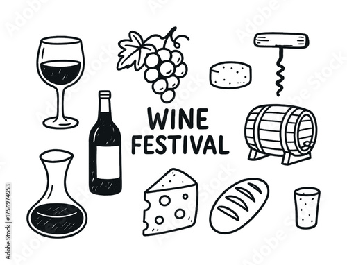 Vector Hand-drawn wine festival icons with grapes, barrel, cheese, and glass