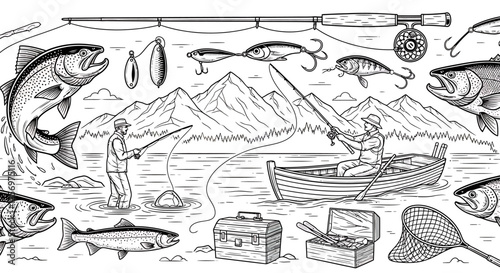 Black and white illustration of fishing scene with fisherman, fish, and equipment.
