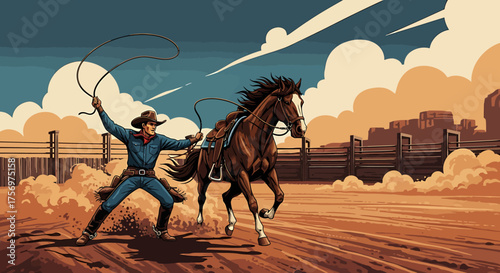 Cowboy with lasso riding a horse in a desert landscape, digital art.