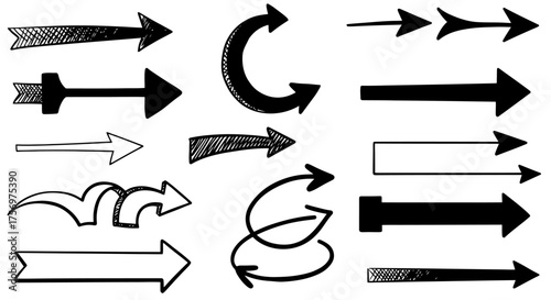 Collection of Diverse Hand-Drawn and Solid Arrow Icons.