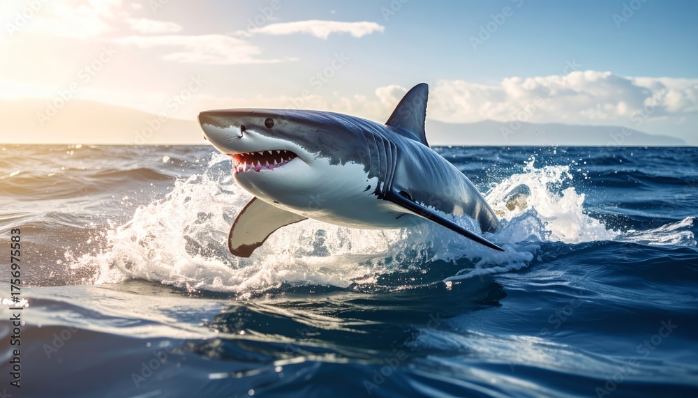 Fototapeta premium Majestic great white shark breaching ocean surface with striking clarity