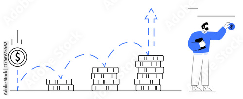 Stacks of coins increasing in height with upward arrow symbolizing financial growth. A person throwing a coin, representing investment, strategy, success. Ideal for finance, business, savings