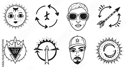 Collection of Diverse Symbols and Illustrations Featuring Celestial Bodies and Human Faces.