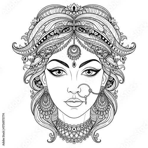 Intricate black and white illustration of a woman's face adorned with detailed jewelry.
