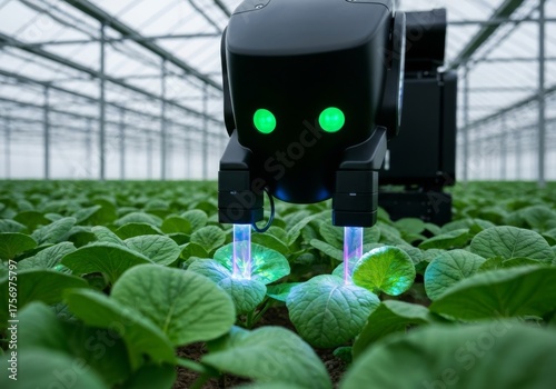 A metallic robot with a fork harvests cabbage on a field using steel equipment in the vegetable garden