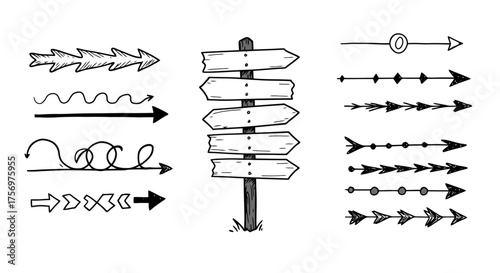 Collection of Hand Drawn Arrow Icons and Directional Signpost.