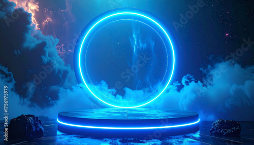 Glowing blue circle portal above empty stage with cosmic clouds neon