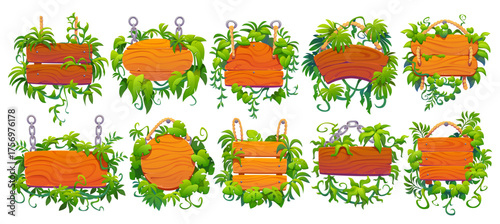 Wooden sign boards with tropical jungle lianas set. Information notice or road wooden signpost with jungle vine shrubs. Hanging on rope and chain cartoon vector sign boards with liana plant leaves