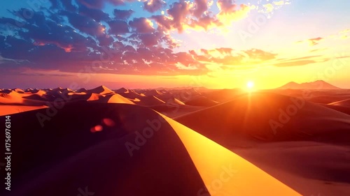 Golden desert dunes bathed in warm sunlight under a dramatic sky.