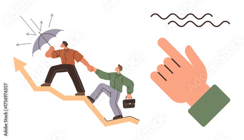 Two people climbing an upward arrow, one holding an umbrella shielding from challenges while assisting the other. Wavy lines and a pointing hand. Ideal for teamwork, guidance, leadership, ambition