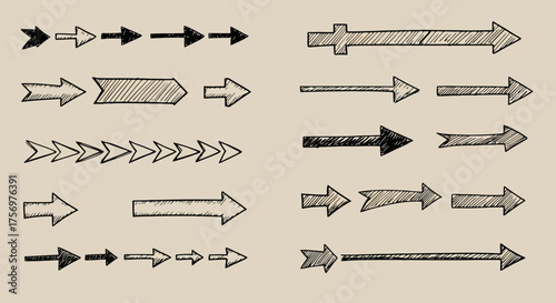 Collection of Hand Drawn Arrow Icons in Various Styles and Directions.