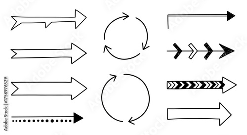 Collection of Hand Drawn Arrows and Circular Arrows in Black and White.