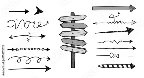 Collection of Hand Drawn Arrows and Directional Signpost.