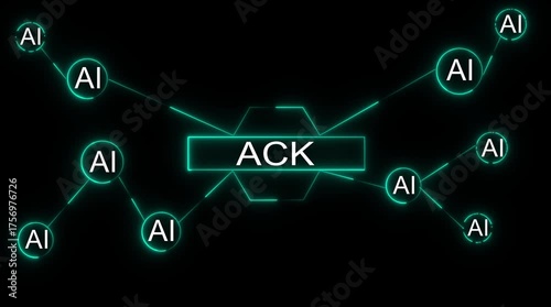 A I network connection acknowledgment data transfer communication concept glowing neon lines connecting A I nodes to central A C K hub digital technology abstract background