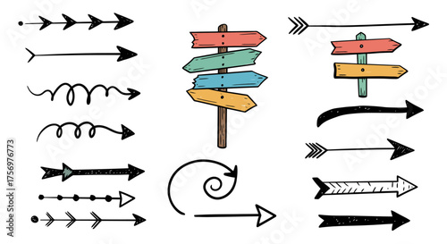 Collection of Hand Drawn Arrows and Directional Signs.