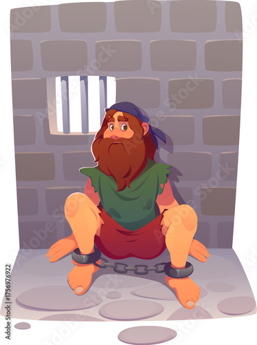 Corsair pirate cartoon character sitting in jail. Pirate skipper, corsair bandit funny vector character. Hairy, bearded pirate bandit personage sitting on floor in shackles inside of prison dungeon