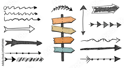 Collection of hand drawn arrows and directional signs in various styles.