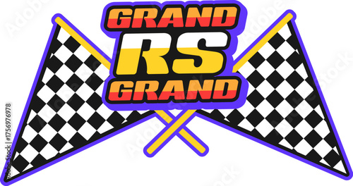 Motorsport rally race grand prix Y2K retro sticker or label. Rally formula 1 competition funky vector tag, motorsport Y2K label. Race championship patch with checkered flag and colorful typography