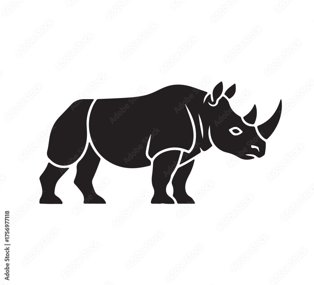Obraz premium Minimalist black rhinoceros silhouette icon representing wildlife conservation. A simple vector glyph of a powerful African animal, perfect for logos